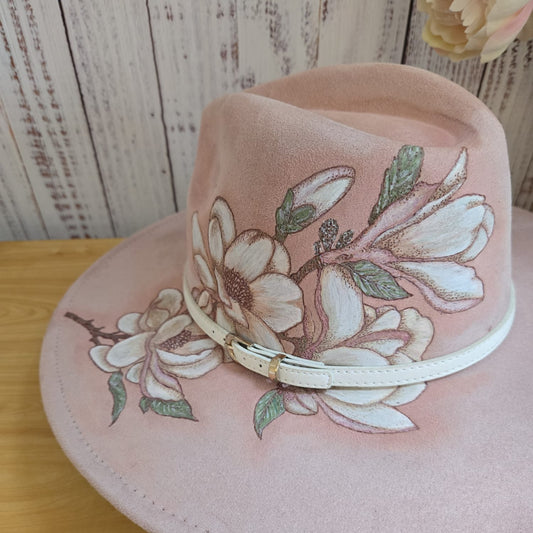 Dusky Pink Vegan Suede Hand Burned and Painted Fedora "Magnolia Bloom"