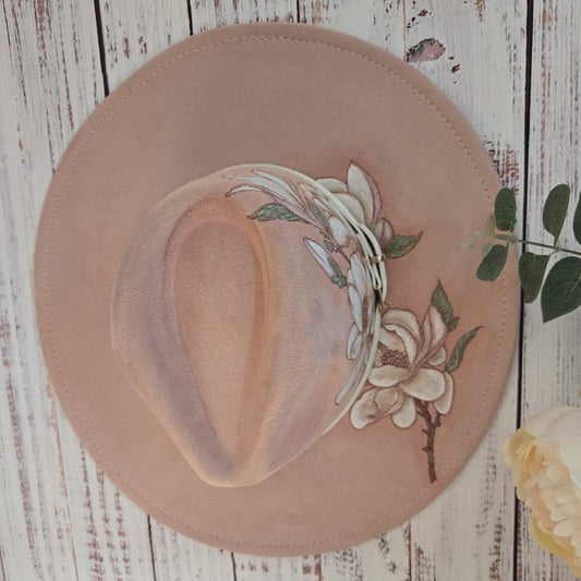 Dusky Pink Vegan Suede Hand Burned and Painted Fedora "Magnolia Bloom"