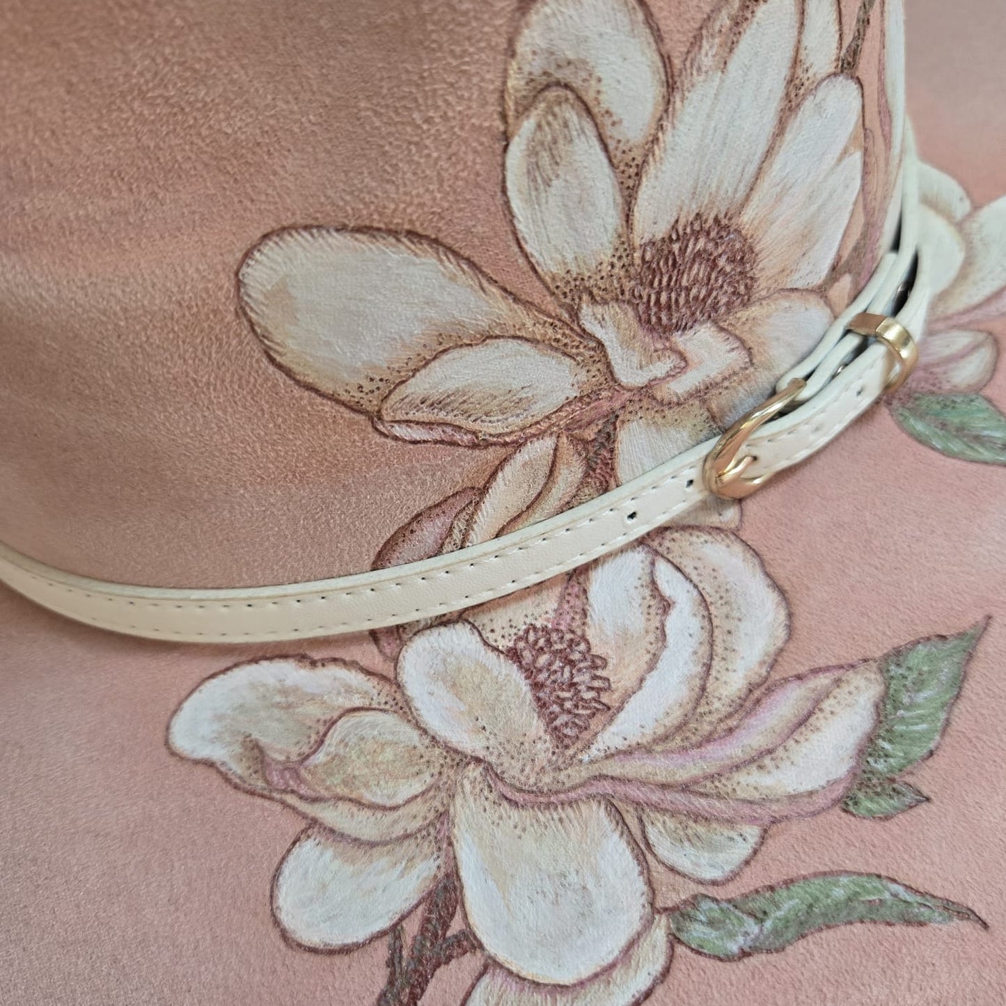 Dusky Pink Vegan Suede Hand Burned and Painted Fedora "Magnolia Bloom"
