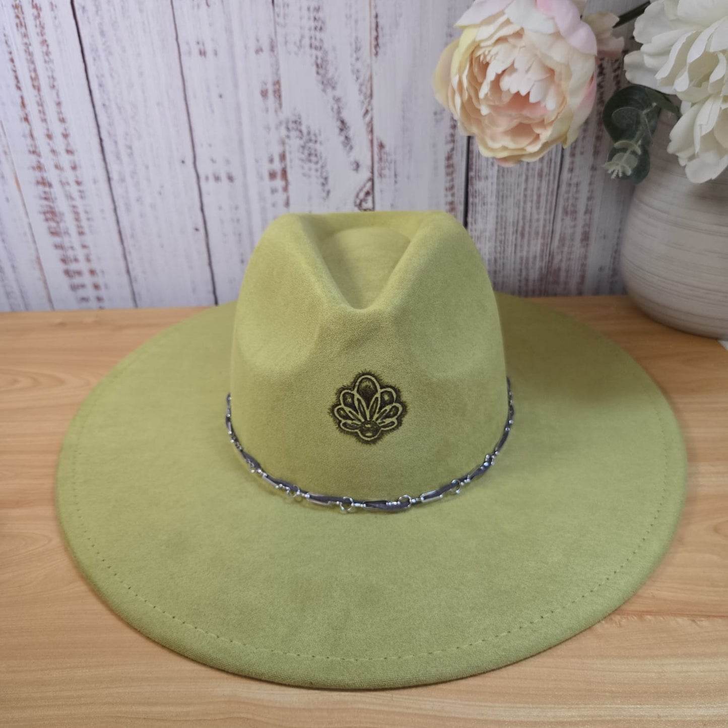 Zesty Green Vegan Suede Fedora - Hand-burned Mandala Under‑Brim Art Edition