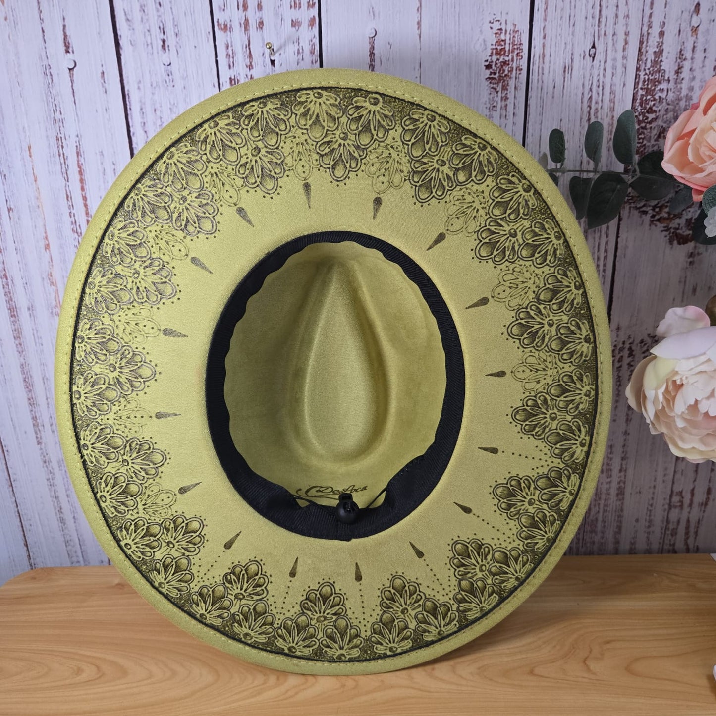 Zesty Green Vegan Suede Fedora - Hand-burned Mandala Under‑Brim Art Edition