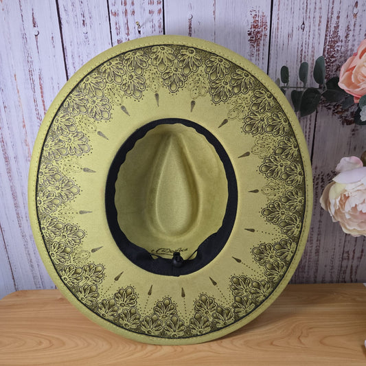 Zesty Green Vegan Suede Fedora - Hand-burned Mandala Under‑Brim Art Edition