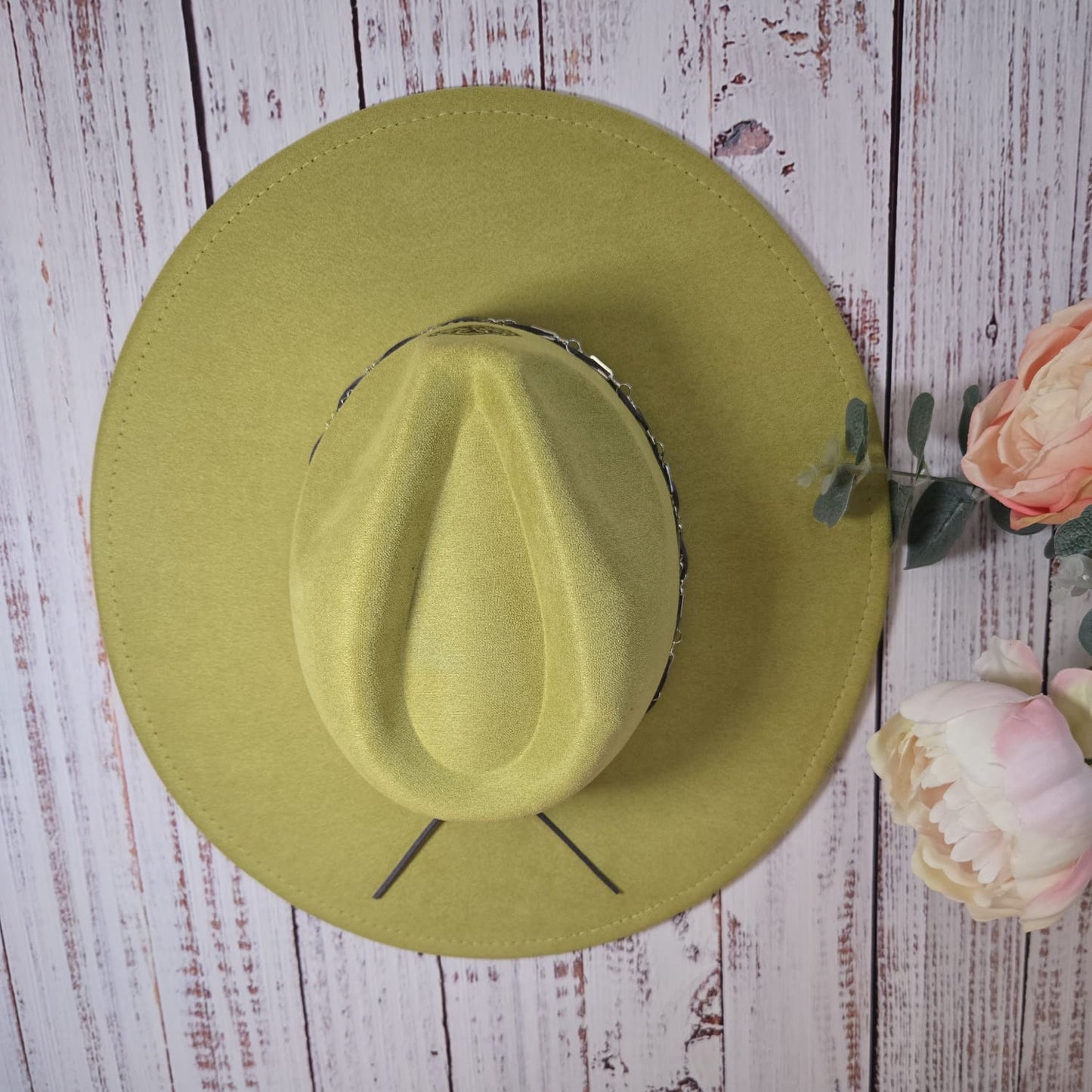 Zesty Green Vegan Suede Fedora - Hand-burned Mandala Under‑Brim Art Edition