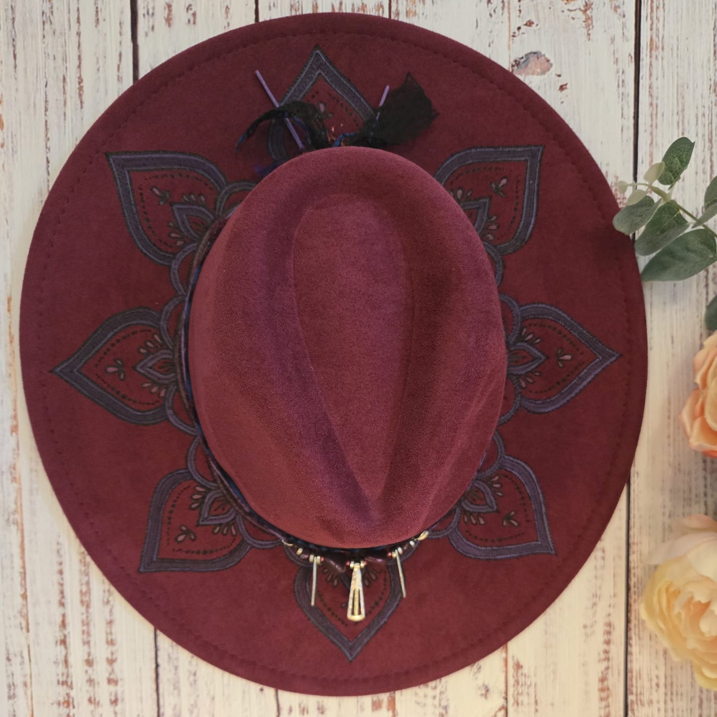 'Violet and Blue' Hand Burned and Painted, Embellished Vegan Suede Fedora