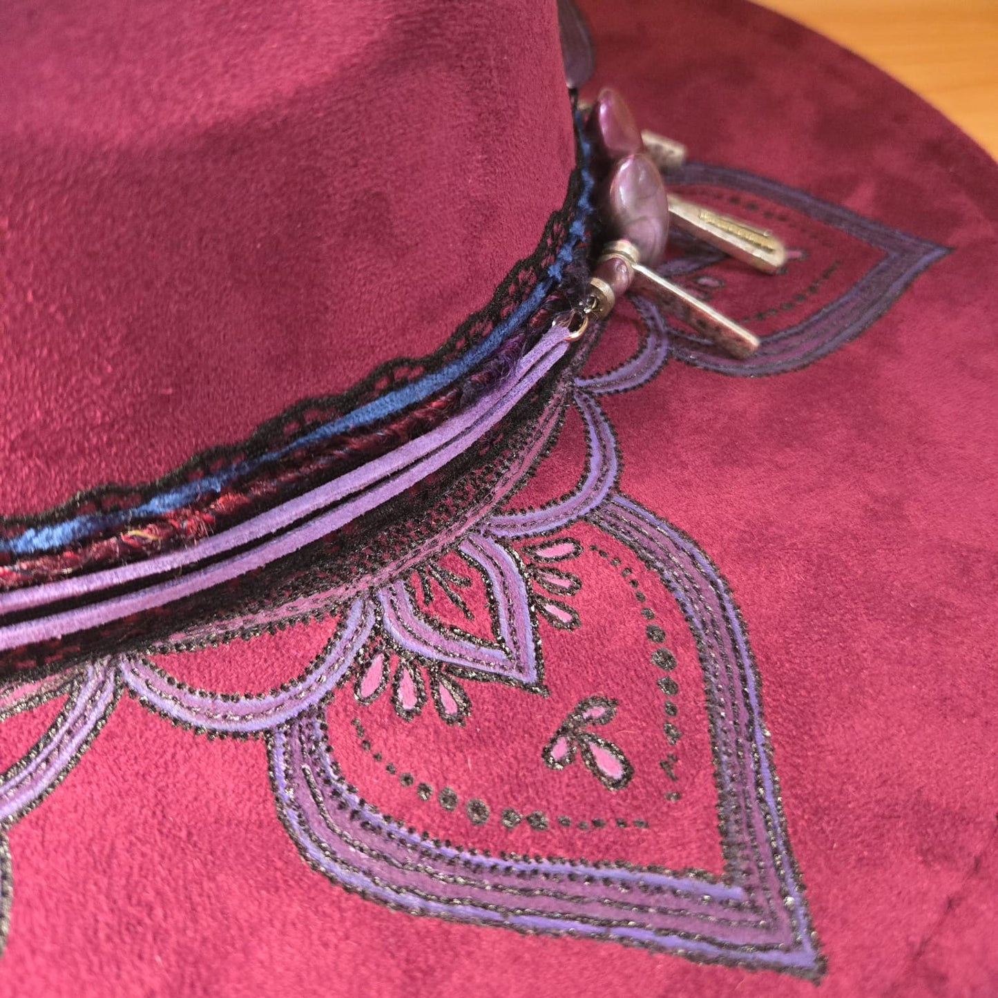 'Violet and Blue' Hand Burned and Painted, Embellished Vegan Suede Fedora