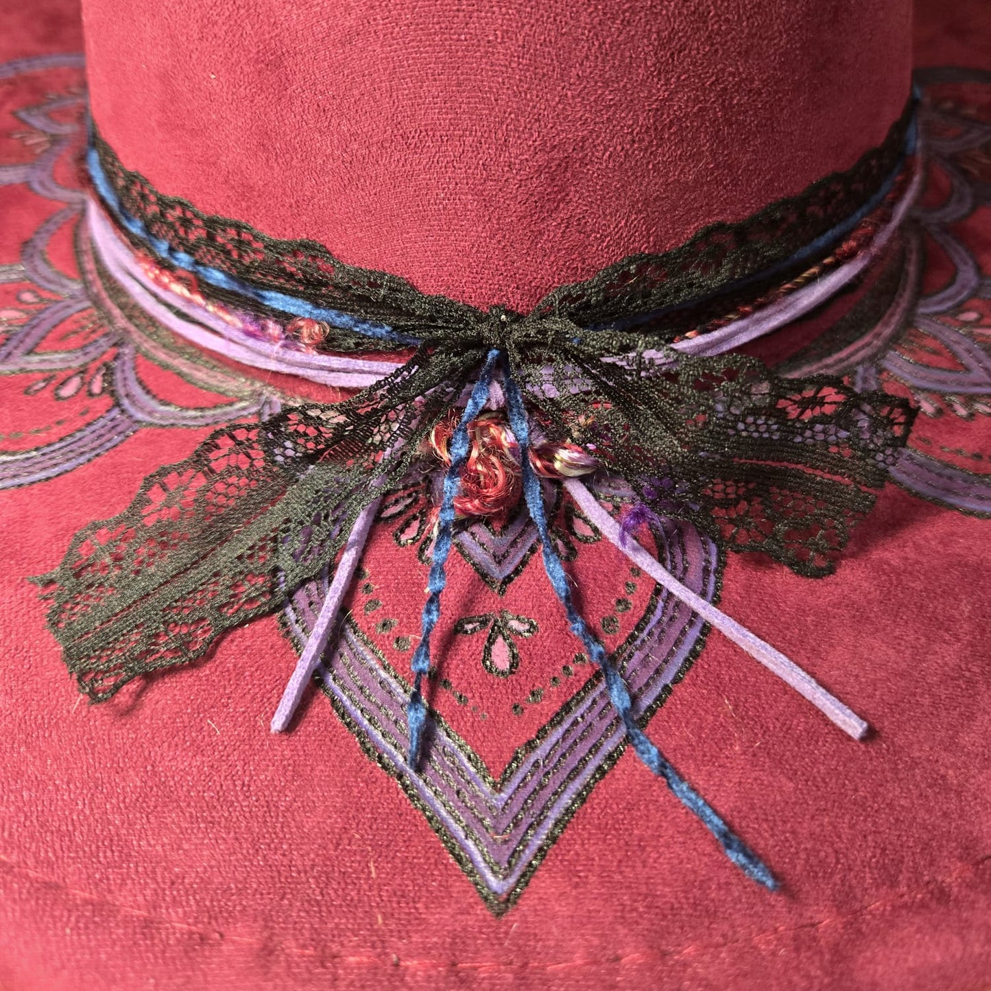 'Violet and Blue' Hand Burned and Painted, Embellished Vegan Suede Fedora