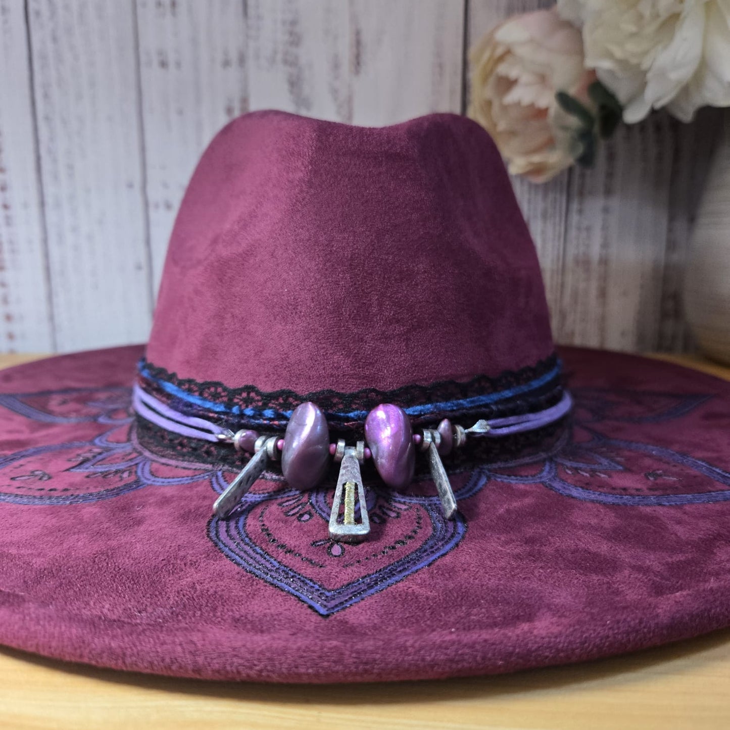 'Violet and Blue' Hand Burned and Painted, Embellished Vegan Suede Fedora