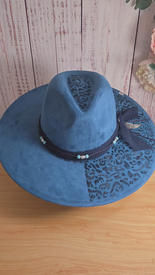 Teal Leopard Print Embellished Vegan Suede Fedora
