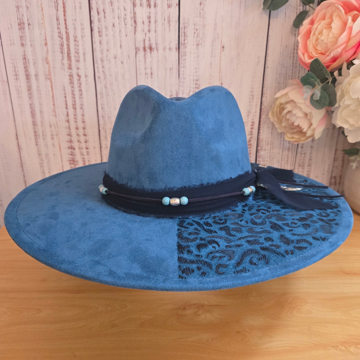 Teal Leopard Print Embellished Vegan Suede Fedora
