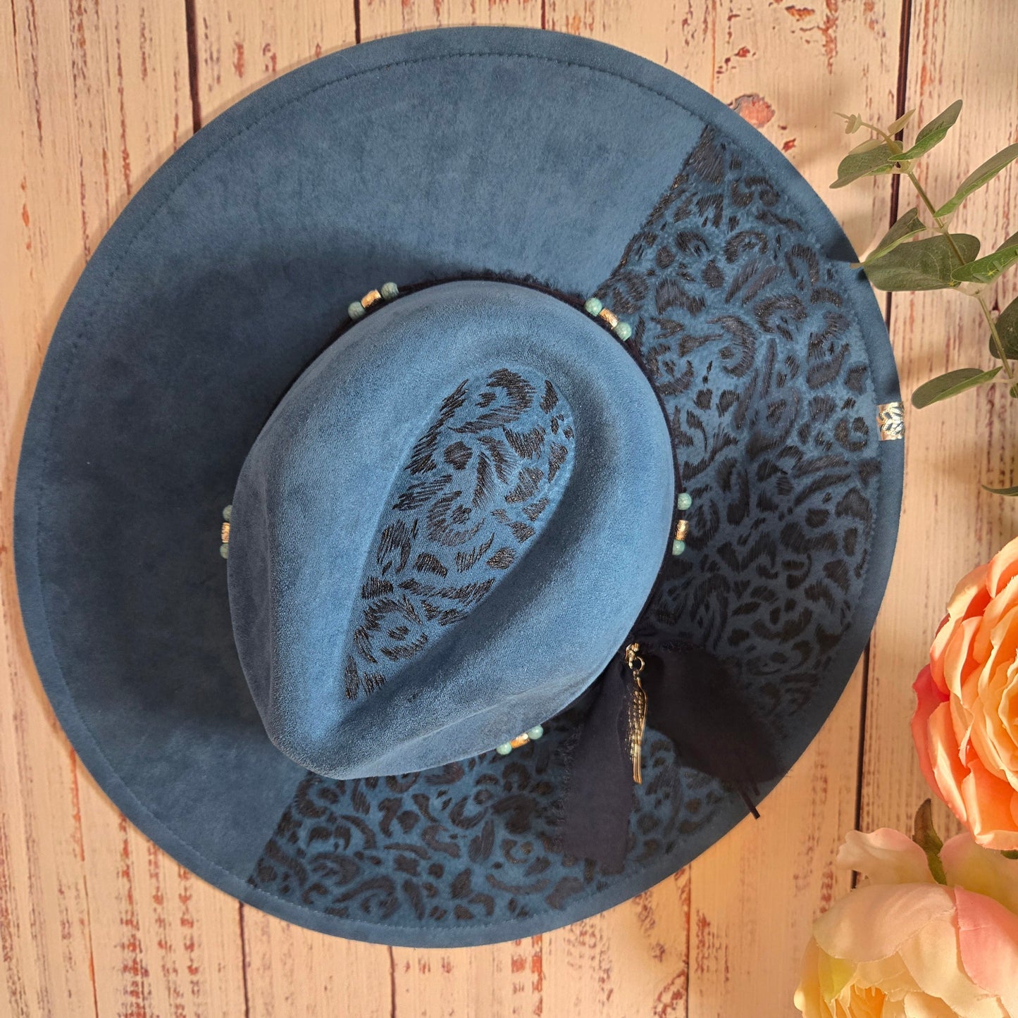 Teal Leopard Print Embellished Vegan Suede Fedora