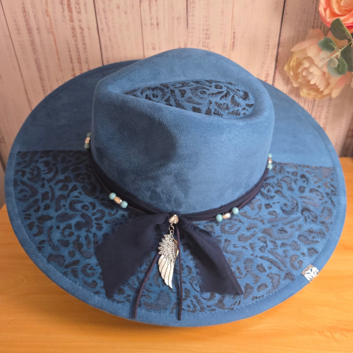 Teal Leopard Print Embellished Vegan Suede Fedora
