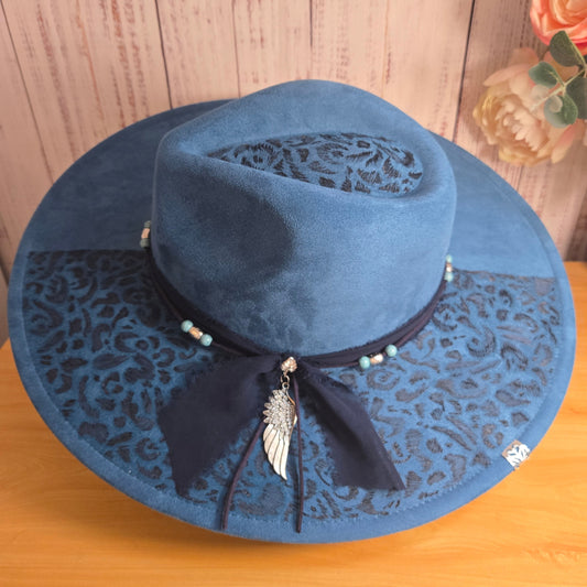 Teal Leopard Print Embellished Vegan Suede Fedora